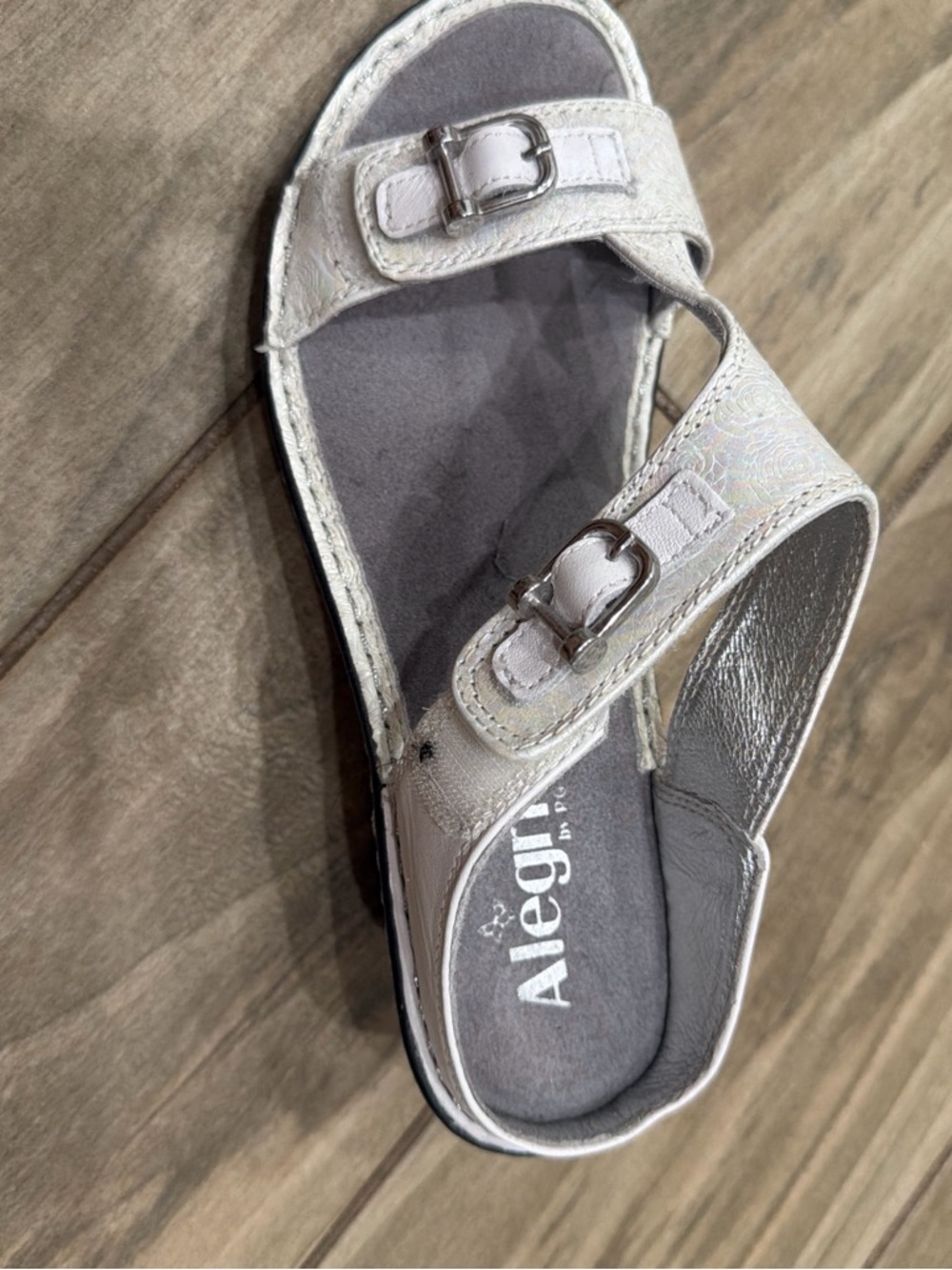Alegria White Iridescent Double-Buckle Sandal